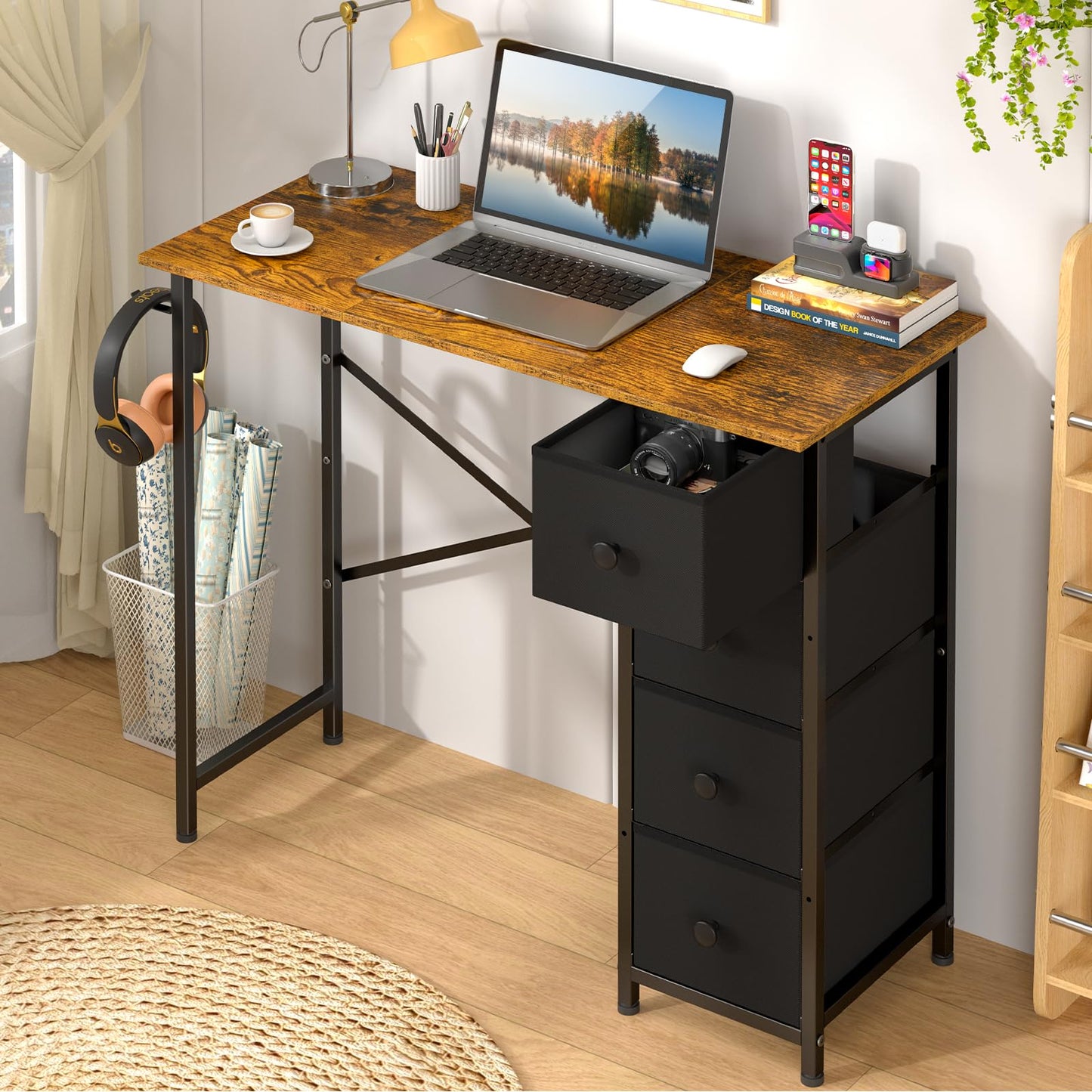 Small Computer Desk with 4 Fabric Drawers, 36 Inch Reversible Writing Desk for Home Office Bedroom, Modern Simple Kids Student Study Desk with Storage, Compact Desk for Small Spaces, Rustic Brown