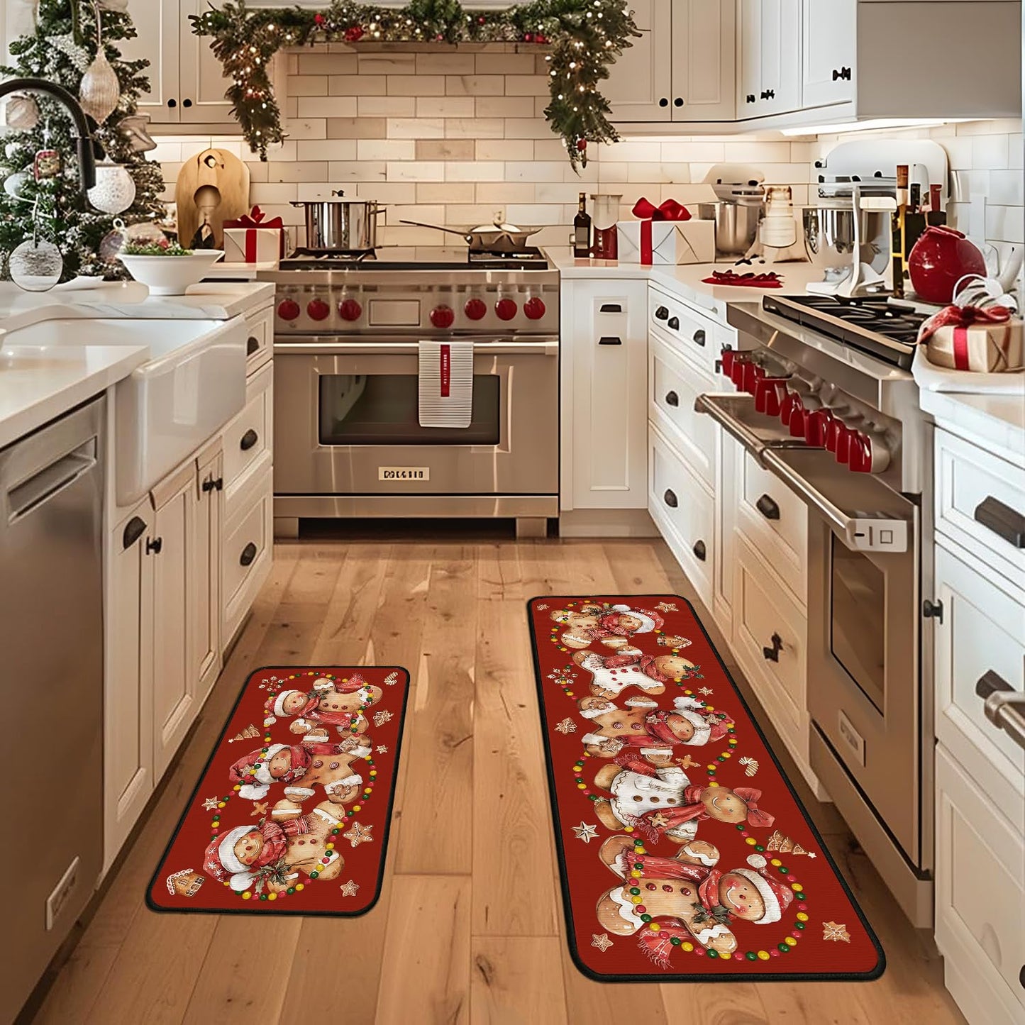 Christmas Kitchen Mats for Floor, Gingerbread Kitchen Rugs Sets of 2,Red Xmas Non-Slip Washable Kitchen Decor Floor Rug Home Decoration Doormat 17"x30"+17"x47"