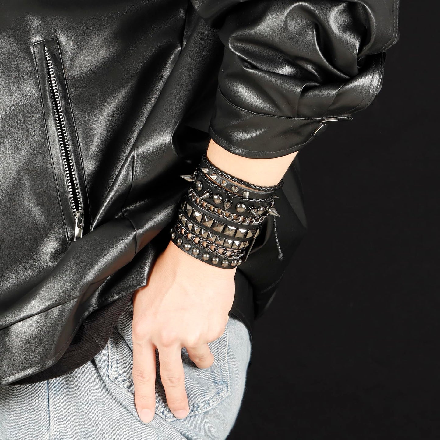 Eigso 3 Pcs Oldschool Cool Punk Steampunk Studded Spikes Rivets Vintage Leather Wide Bracelets for Men and Women with Adjustable Buckle