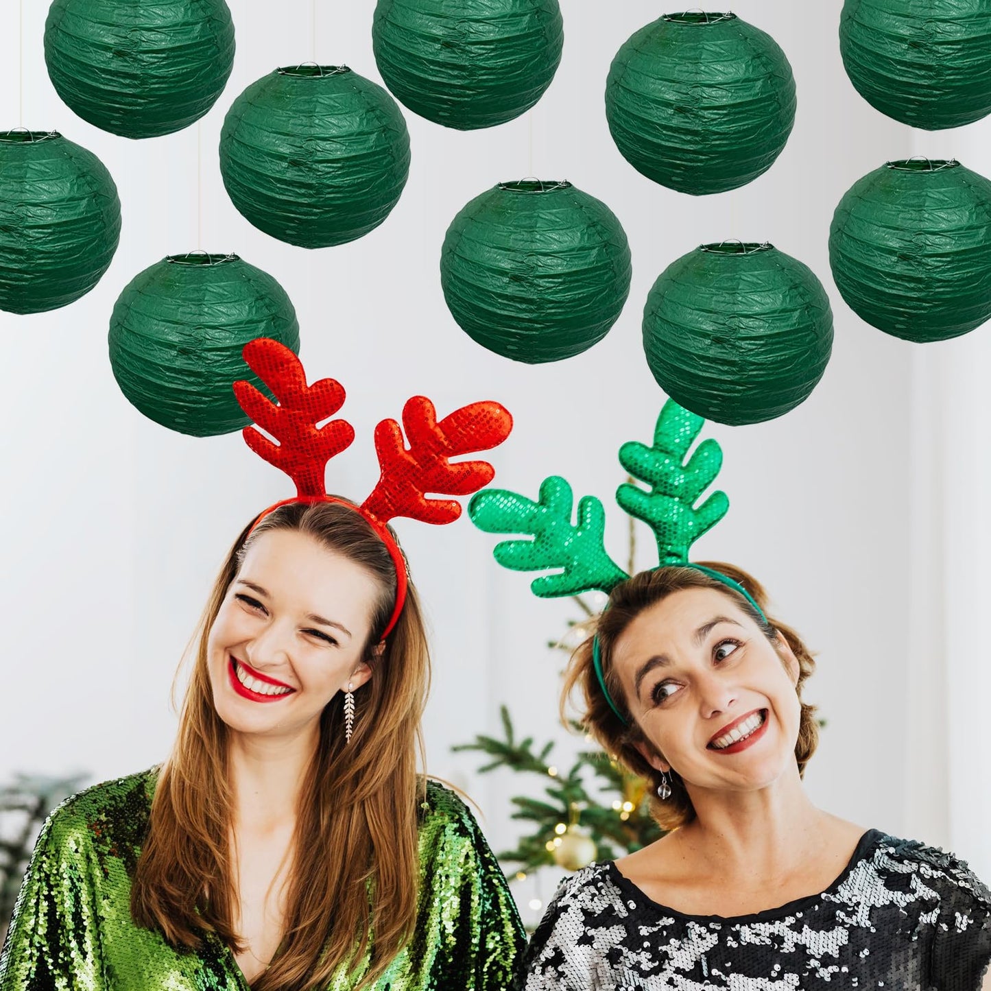 Christmas Green Paper Lanterns Hanging Ceiling Round Lanterns for Spring Theme Christmas Home Decorations 10 PCS