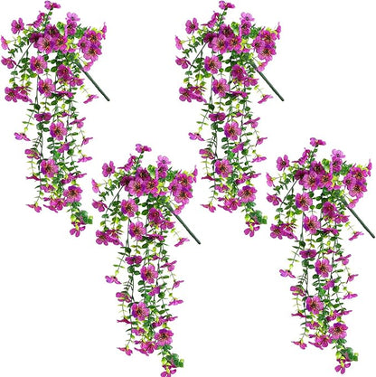 Artificial Fake Hanging Flowers Plants for Outdoor Spring Summer Decoration, 4pcs Faux Silk Realistic UV Sun Resistant Daisy for Outside Porch Patio Window Box Yard Home Decor (Purple)