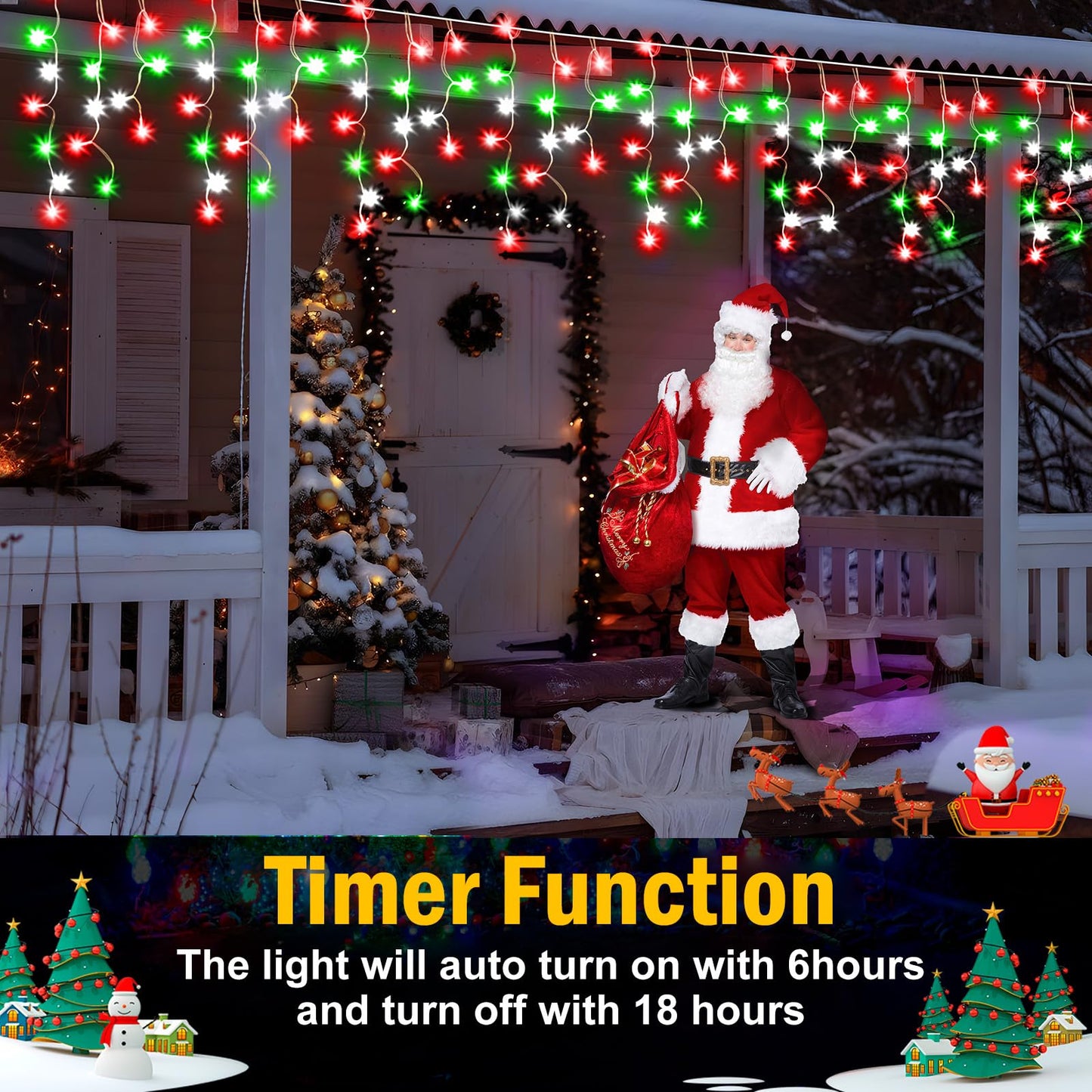 Christmas Lights Outdoor, 2 Pack Total 98FT 960 LED Ice Lights for Outside with 180 Drops 8 Modes Timer Memory, Plug in Waterproof for Holiday Eaves Yard Roof Party Decor (Red Green and Cool White)