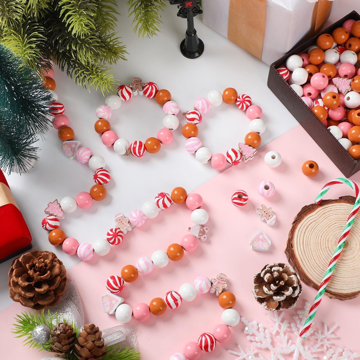 Cinnvoice 240 Pcs Christmas Wooden Beads Bulk for Craft Jewelry Making Round 16mm Santa Peppermint Swirl Beads for DIY Garland Holiday Tiered Tray Tree Decor(Gingerbread,Pink)