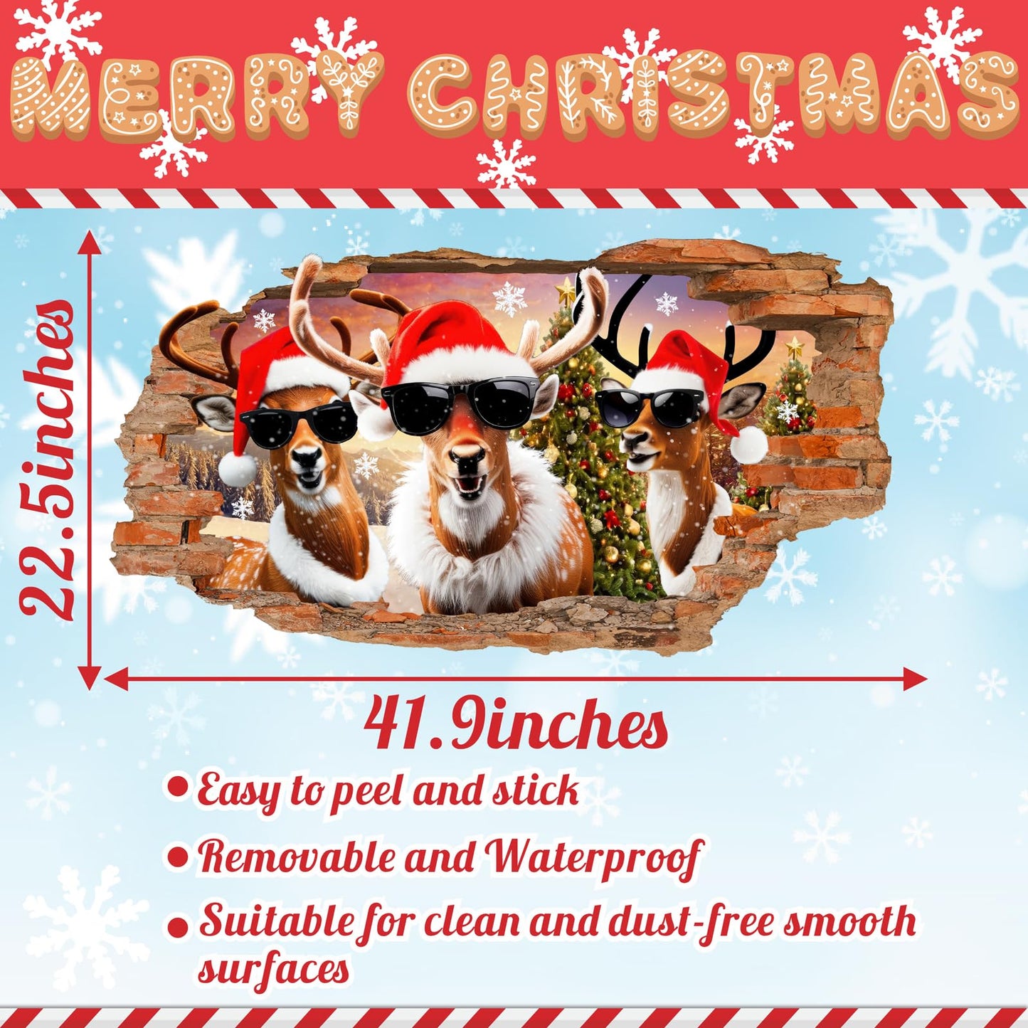 Christmas Wall Stickers Decoration Merry Christmas Wall Decals Peel and Stick 3D Winter Broken Walls Sticker Indoor Xmas Cartoon Deer Vinyl Art Mural for 2026 New Year Holiday Party Supplies