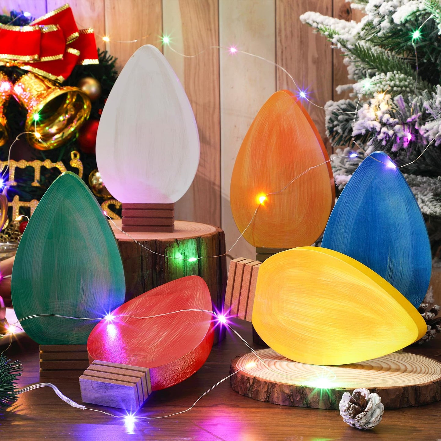 Whaline 6 Pcs Christmas Wood Ornaments Tabletop Signs Orange Blue Red Green White Yellow Wooden Light Bulb Desktop Centerpieces Crafts for Xmas Tree Tiered Tray Fireplace Holiday Winter Decor