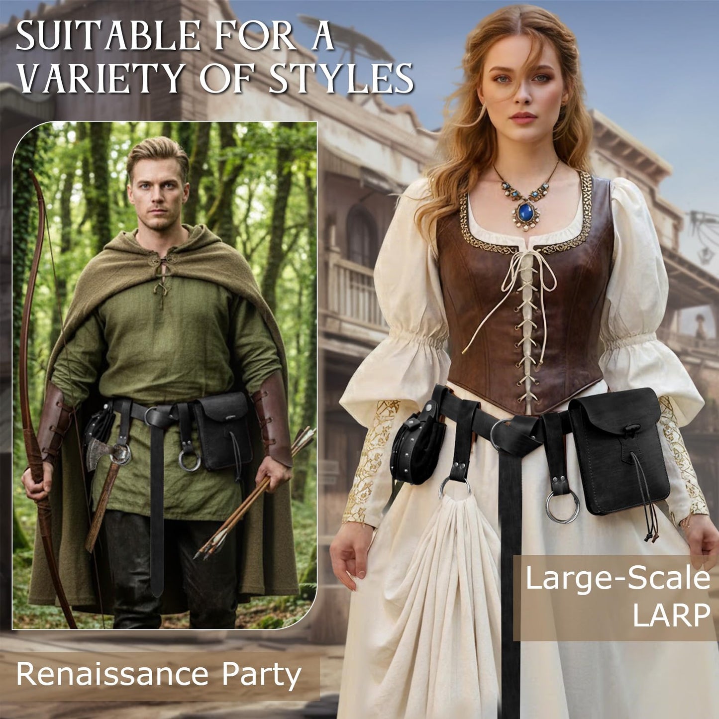 Renaissance Belt Pouch Medieval Pirate Costume Accessories - Viking Faux Leather Waist Bag with Skirt Hikes for Cosplay LARP (Black)