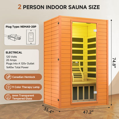 springspa Far Infrared Sauna for Home, Home Indoor Infrared Sauna for 2-Person, Canadian Hemlock Wood Sauna Room with Low Emf Red Light Therapy, 9 Chromotherapy Lights, Bluetooth Speakers
