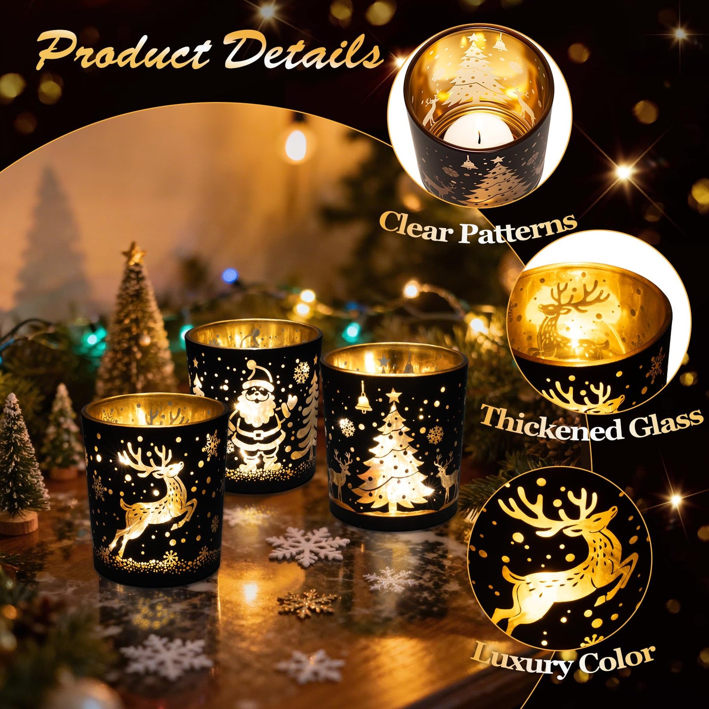 Votive Candle Holders, Black and Gold Glass Christmas Candle Holder Set of 3, Tea Light Holders with Santa Claus, Reindeer, Xmax Tree Pattern, Christmas Table Canterpieces for New Year Party Decor