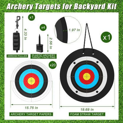 Gemscream 20" Foam Archery Target Block for Backyard, High-Density Round Archery Bow Target with Pins, 20 Pcs Paper Arrow Targets and Arrow Puller for Compound Bow Shooting Practice