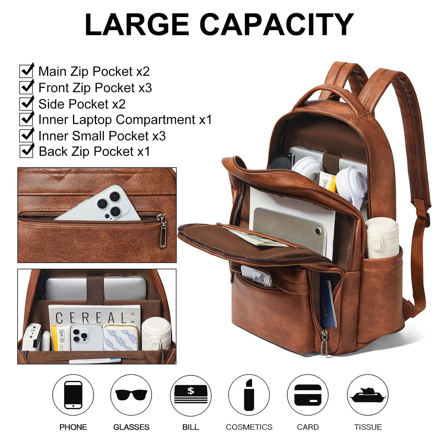 LATMAP 30L Backpack Purse for Women Men Laptop Backpack, Faux Leather Travel Work Backpack Teacher Bookbag fits 15.6" Laptop,Brown