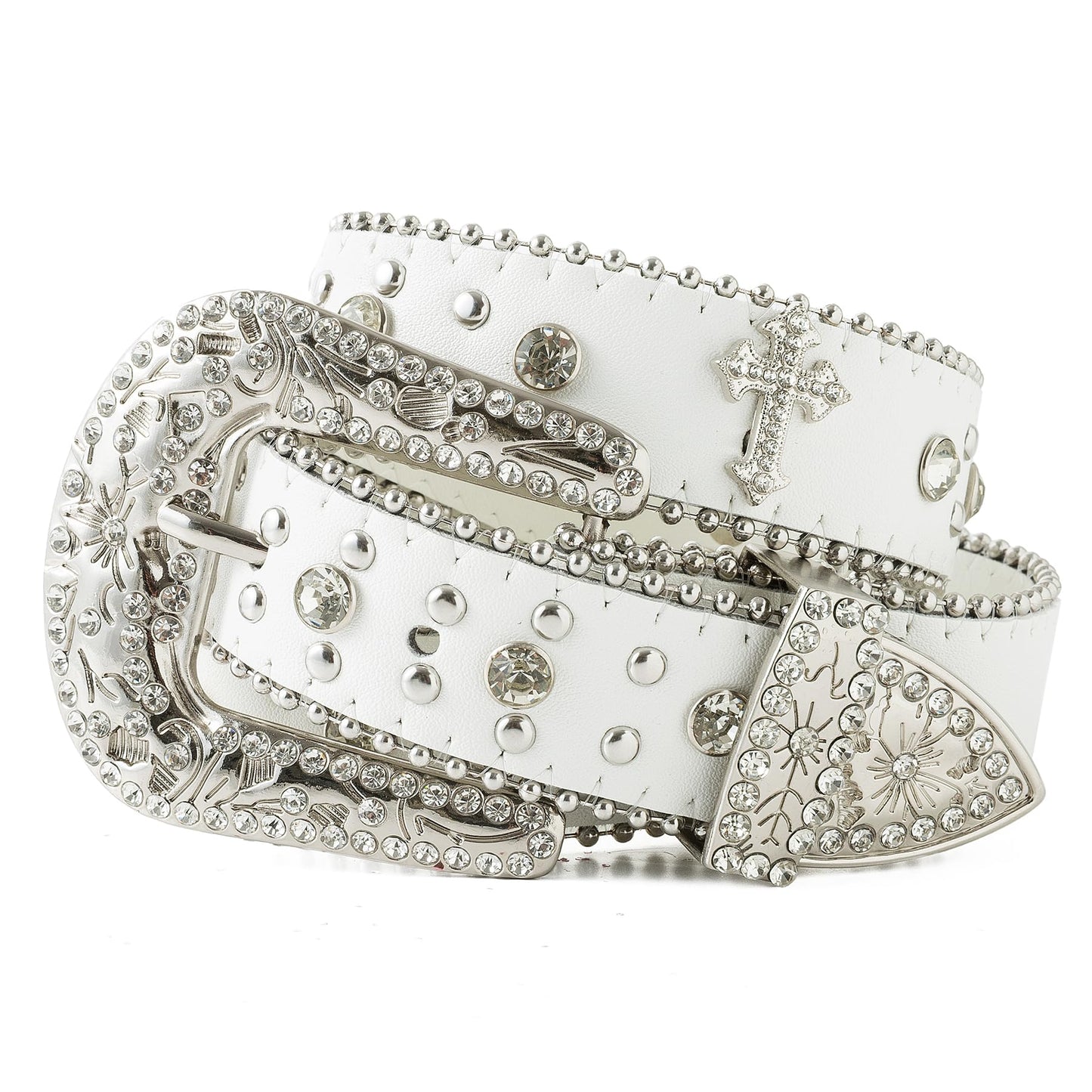 Jastore Kids Rhinestone Western Belt Girl Boys Cowboy Cowgirl Belts with Bling Diamond Studded Leather Belt for Jeans (Silver, Fit Waist: 25"-29" (Rec 10-14yrs))