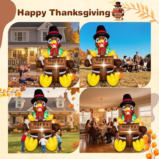 Thanksgiving Inflatables Turkey Outdoor Decorations 6FT Fall Inflatable Turkey with Built-in LED Lights with Colorful Tail Blow up Outdoor Lawn Yard Decoration