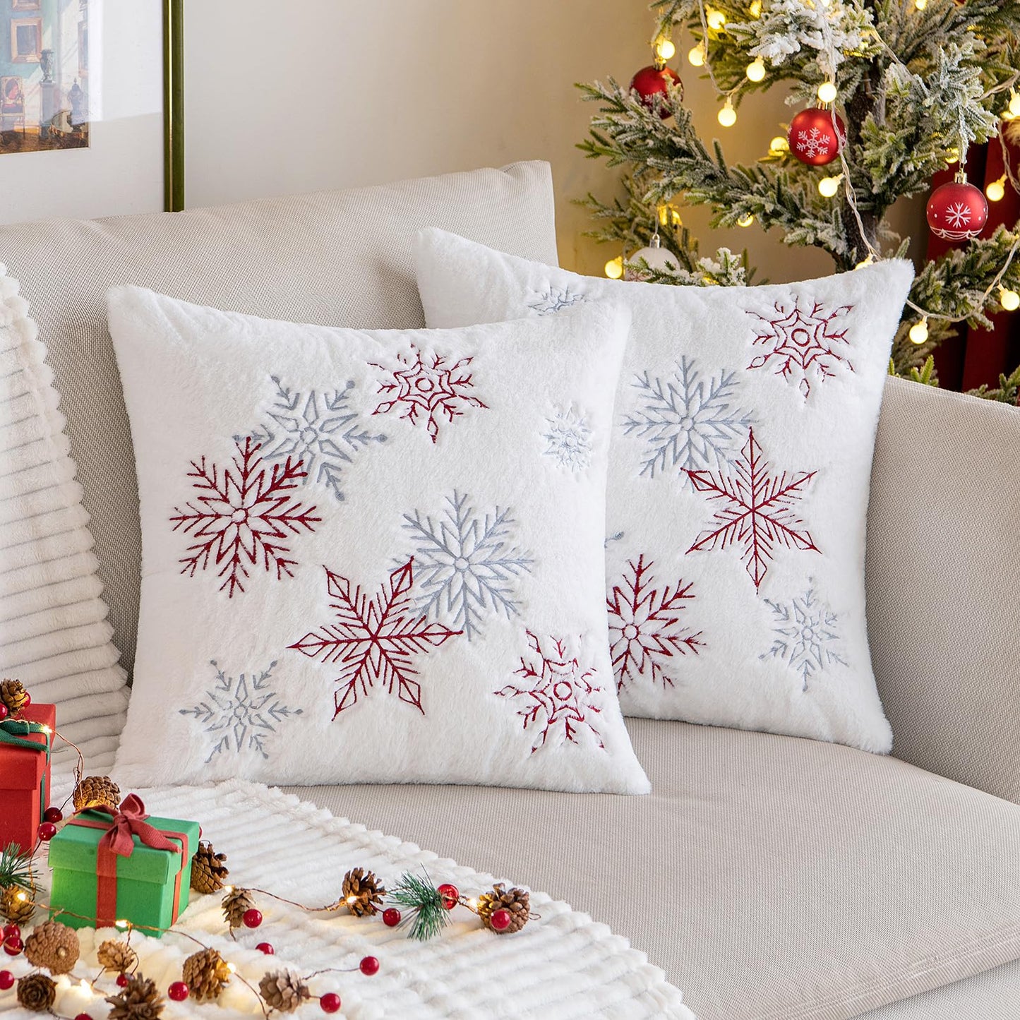 MIULEE Pack of 2 Christmas Decorative Throw Pillow Covers Soft Faux Fur Pillow Cases with Embroidery Snowflake Winter Cute Pillowcases Holiday Decor for Couch Sofa Bedroom, 18×18 Inch, Burgundy
