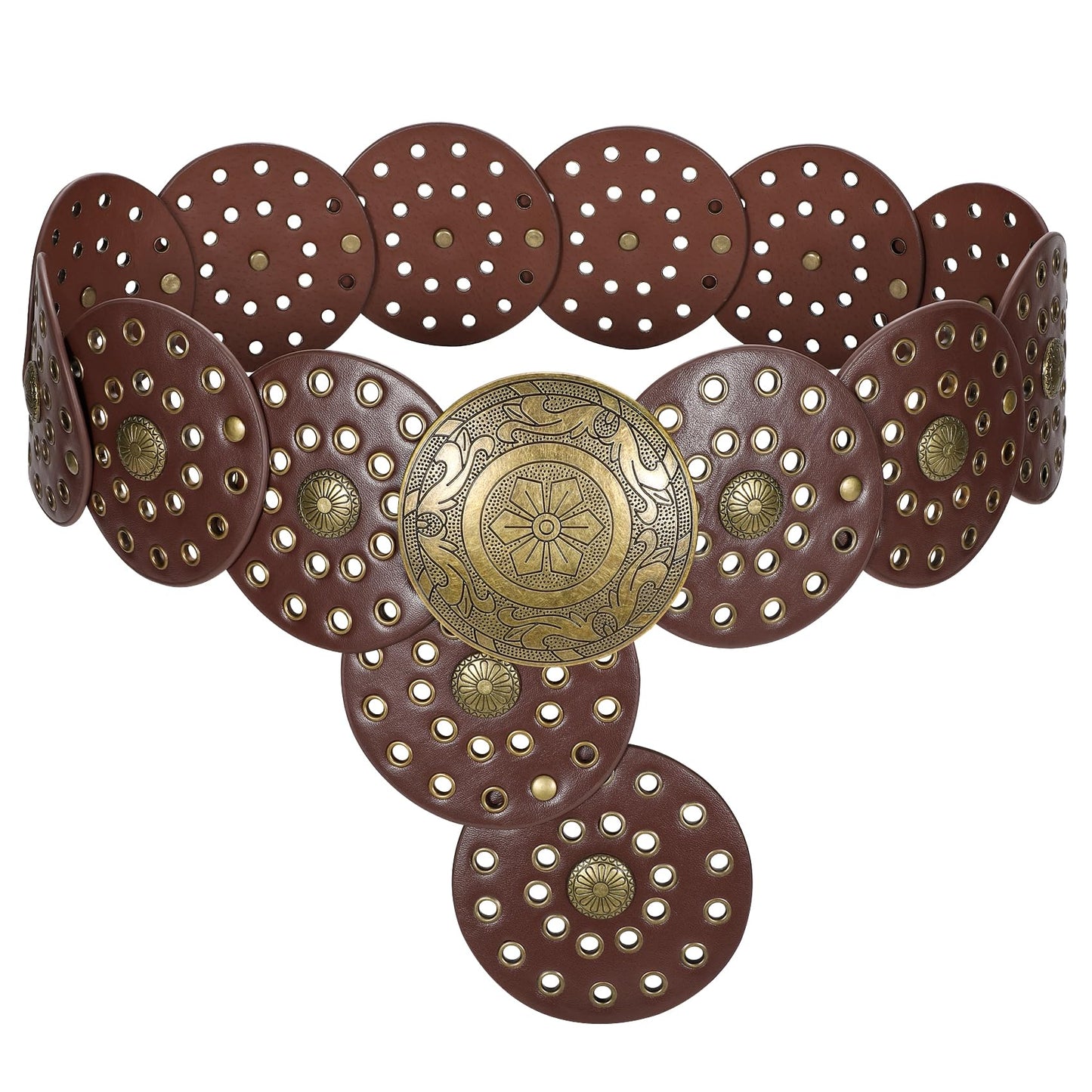 LEACOOLKEY Women's Boho Disc Belt Wide Western Leather Belt Vintage Concho Waist Belts for Dress Jeans