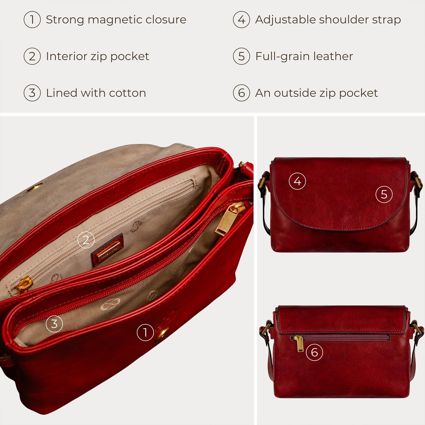 Time Resistance Leather Crossbody Bag for Women - Handbag, Shoulder Bag, Messenger Purse (Red) - Gift Box Included