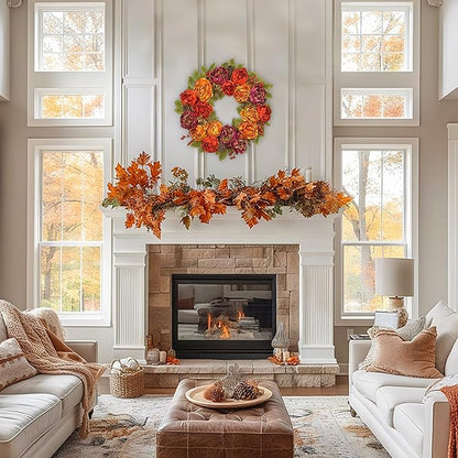 Artificial Fall Wreath for Front Door – 24 Inch Peony & Mixed Floral Wreath with Maple Leaves & Berries, Rustic Autumn Wall Décor