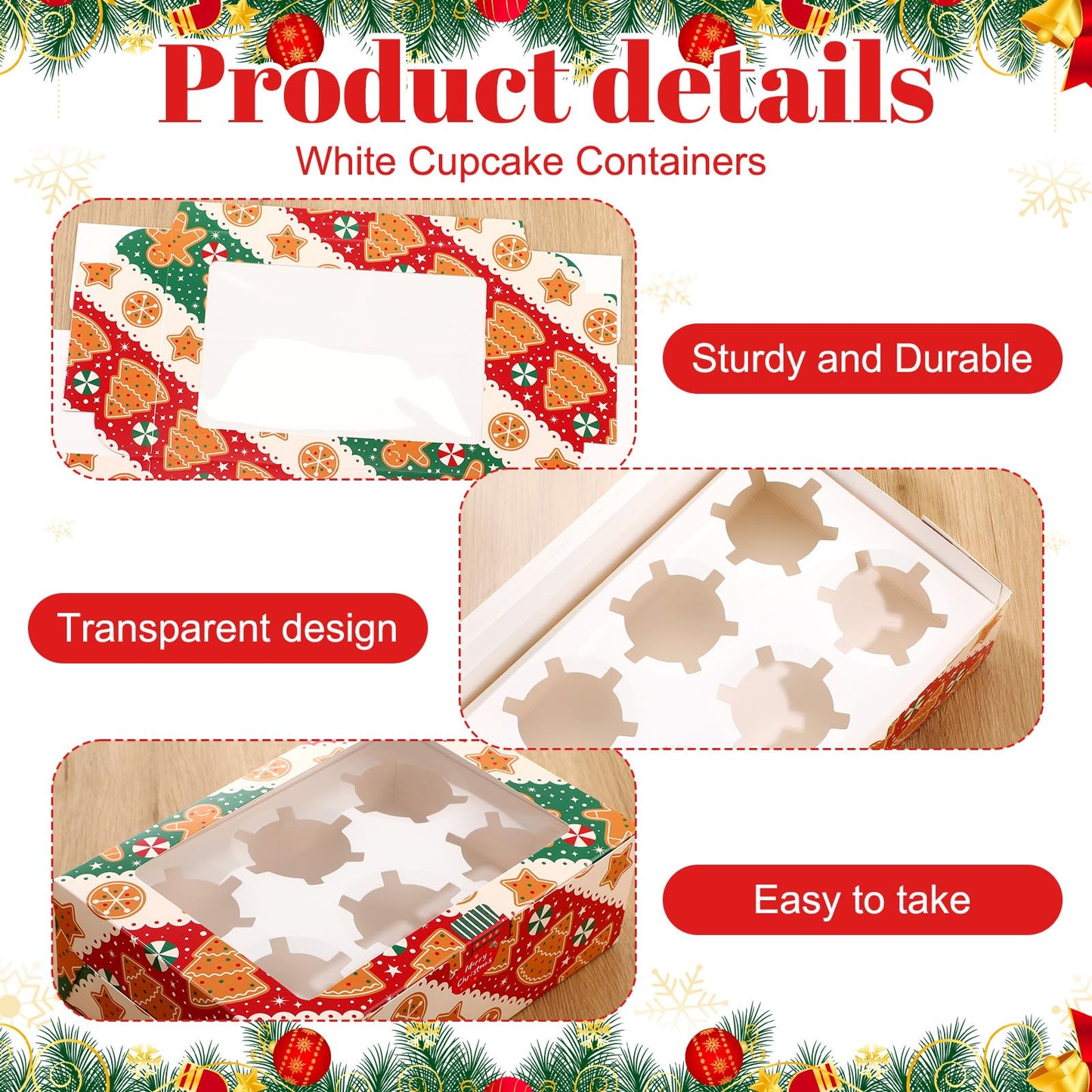 Widecook 30 Pack Christmas Cupcake Boxes 6 Count 9.5"x6.1"x3" Gingerbread Cookie Containers Carrier with Insert Trays Window and Stickers for Cup Cake Bakery Pastry Candy Packaging Holiday Party