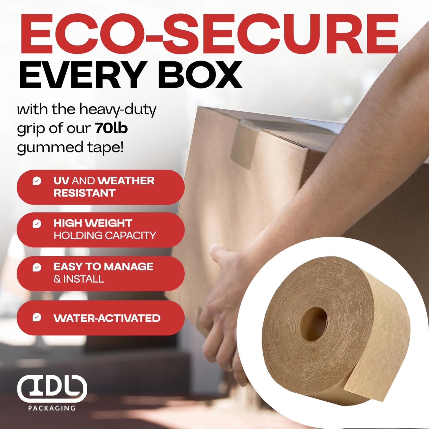 IDL Packaging 3" x 375 feet Reinforced Water-Activated Kraft Gummed Tape 70lb Thickness (Pack of 6) - Secure Paper Packing Tape for Secure Carton Sealing - Heavy-Duty for All Conditions, Brown