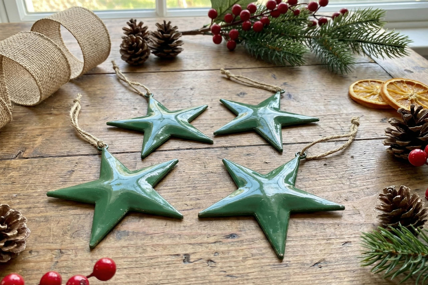 Green Star Hanging Ornaments Set of 4 – Rustic Farmhouse Decor, Christmas Tree Ornaments, Wall & Door Hanging Stars for Home, Holiday, Winter & Festive Decorations