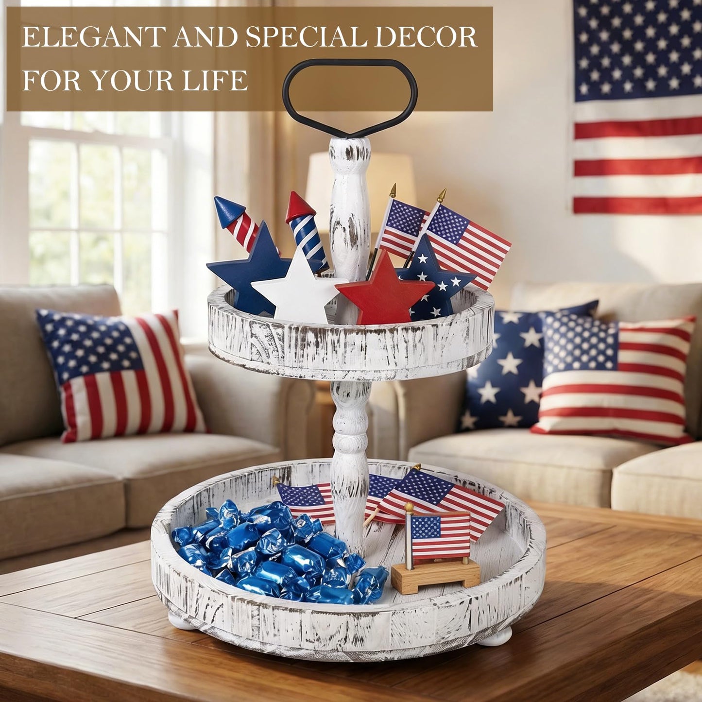 Horse Rustic Wooden Tiered Tray, 18.5x12.5 2 Tier Farmhouse Decor Cupcake Stand, Round Serving Tray for Home Kitchen Shelf Dinning Table Seasonal & Independence Day,Halloween,Christmas Decorations