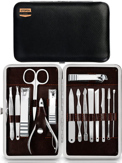 Utopia Care Nail Clippers Professional Nail Kit or Manicure Kit for Women and Men, Stocking Stuffers or Groomsmen Gifts 16Pcs Pedicure Set for Fingernail, Toenail Clippers with Travel Case