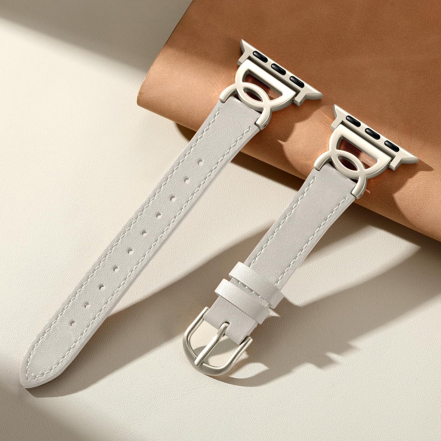 DaQin Slim Leather Band Compatible with Apple Watch Band for Women 40mm 38mm 41mm 42mm, Dressy Leather Strap with Designer DC-shaped Buckle for iWatch Bands Series 11 10 9 8 7 6 5 4 3 2 1 SE,Starlight