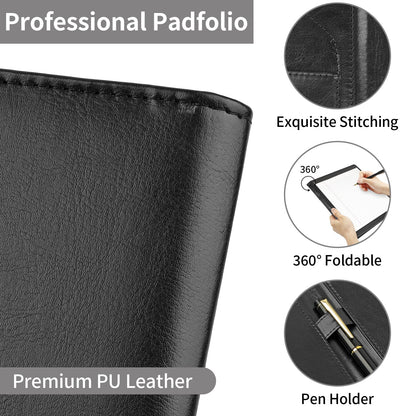 MOWPOG Professional Padfolio Portfolio Binder, Faux Leather Interview Resume Folder, Letter Size A4 Legal Writing Pad Holder, Document Organizer for Business School Office Conference (Black)