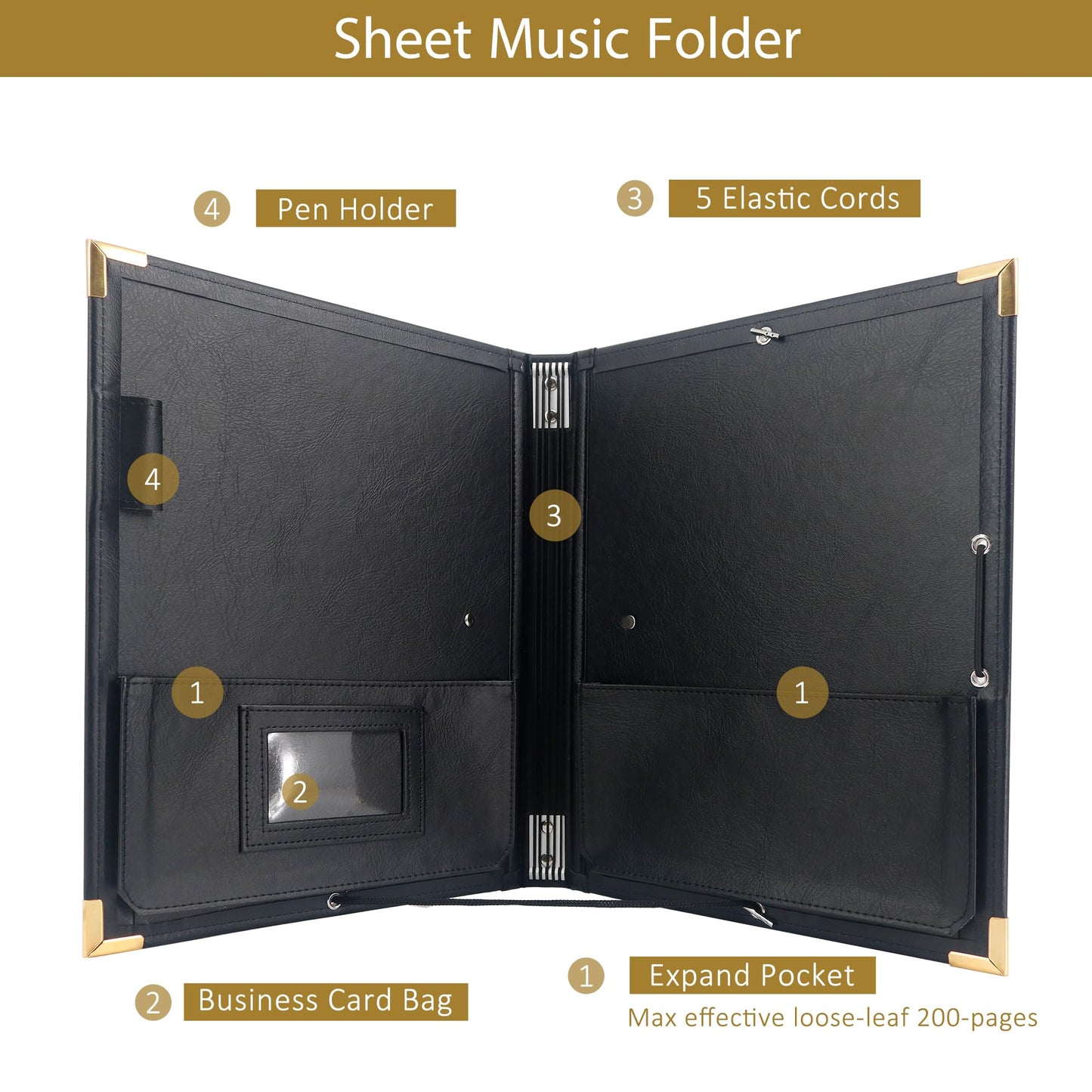 GraduatePro Elastic Music Sheet Holder 9.5" x 12" PU Leather Choir Music Folder with Hand Strap for Piano Particle and Stage Performance