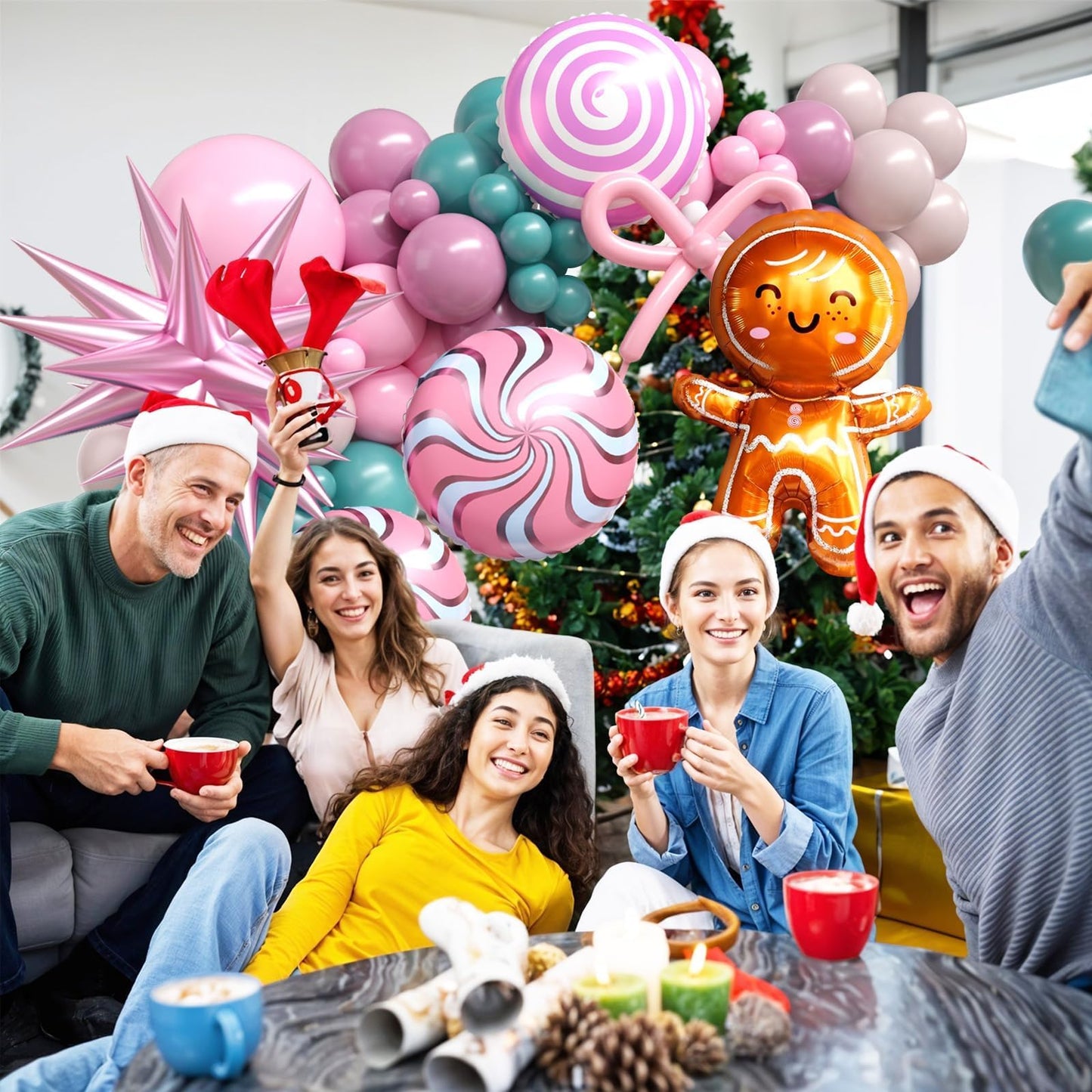 Christmas Balloon Arch Kit, Sage Green Nude Pink Purple Balloons with Lollipop Candy Gingerbread Man Star Foil Balloons for Xmas Holiday Winter Birthday New Year Party Decorations