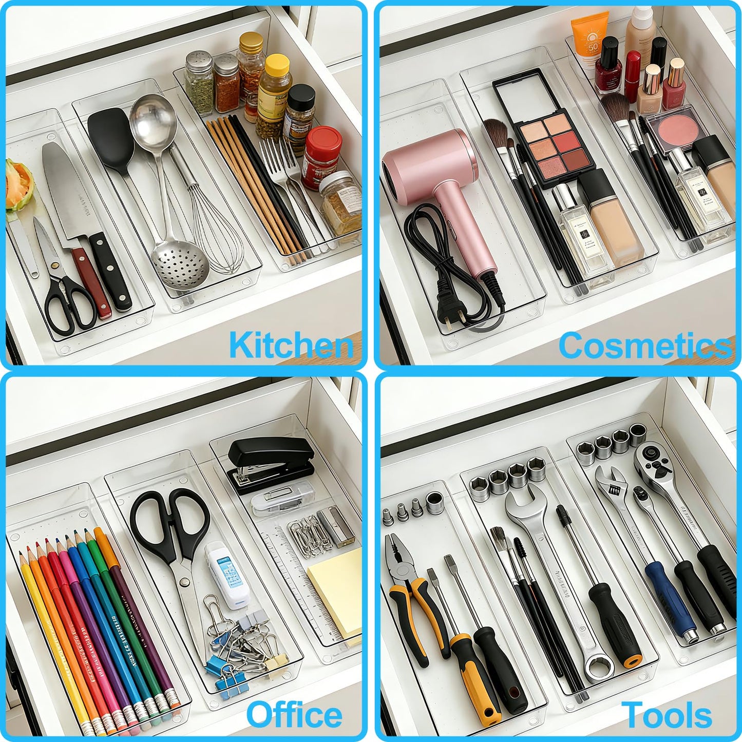 Manalete 4 Pack 15"x6" Extra Large Clear Plastic Drawer Organizer Trays, Multi-Purpose Storage Bins for Vanity, Makeup, Kitchen Utensils, Bathroom, Office Desk, Auto Tools & Craft Supplies