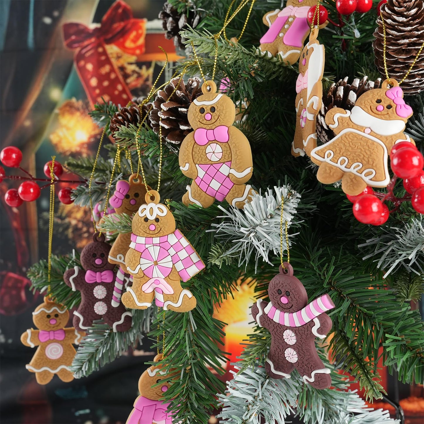 Gingerbread Man Ornaments Christmas Tree Decorations - 12pcs Pink Gingerbread Man Christmas Decorations Hanging Ornaments for Holiday Xmas Tree Home Decor