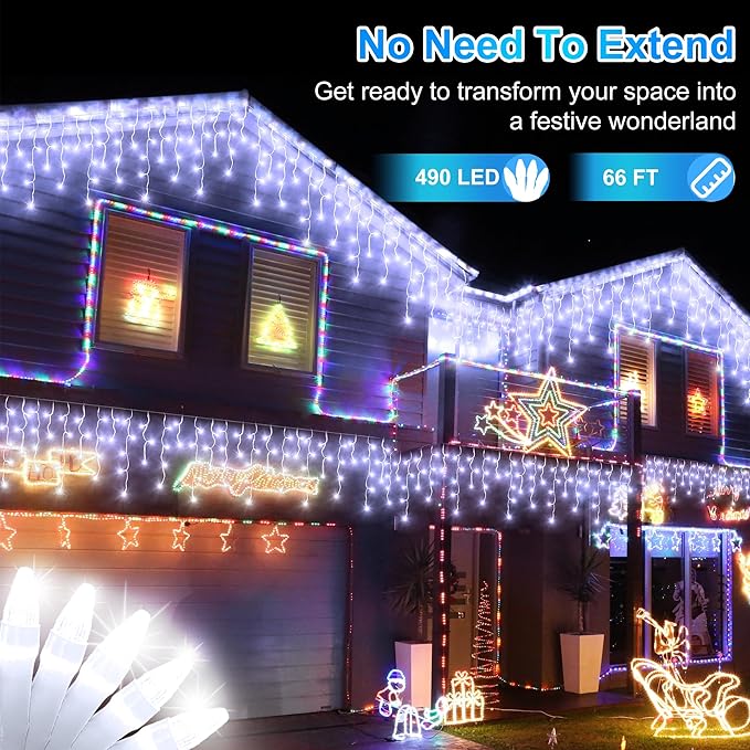 66 FT LED Christmas Lights with 140 Drops, 490 LED Indoor Outdoor Christmas Decorations, 8 Lighting Mode Waterproof Fairy Lights with Timer for Xmas Holiday Wedding Yard Party Cool White