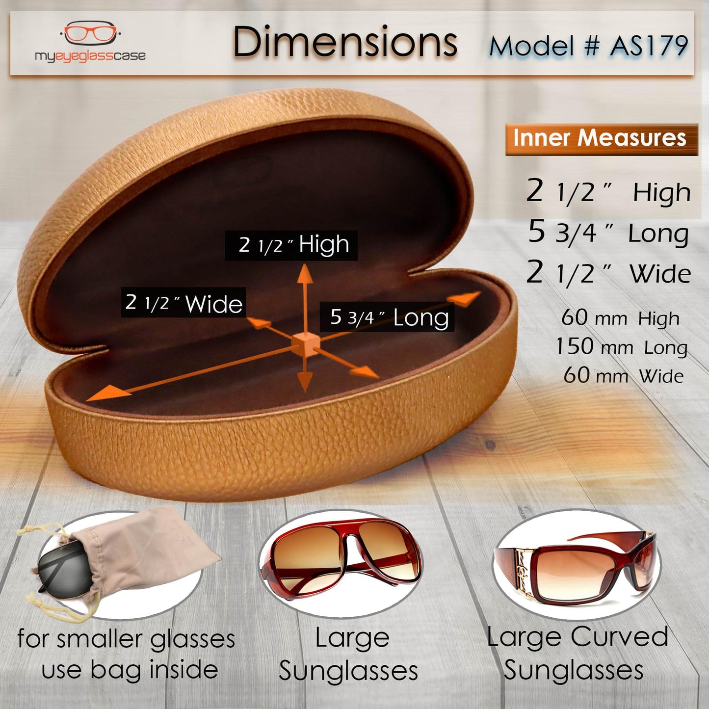 MyEyeglassCase LARGE CURVED Sunglasses Case DOES NOT FIT OVERSIZE FRAMES - Women Premium Hard Shell Sunglass Case in Leather Like cover with Microfiber Pouch & Cleaning (AS413 Bronze)