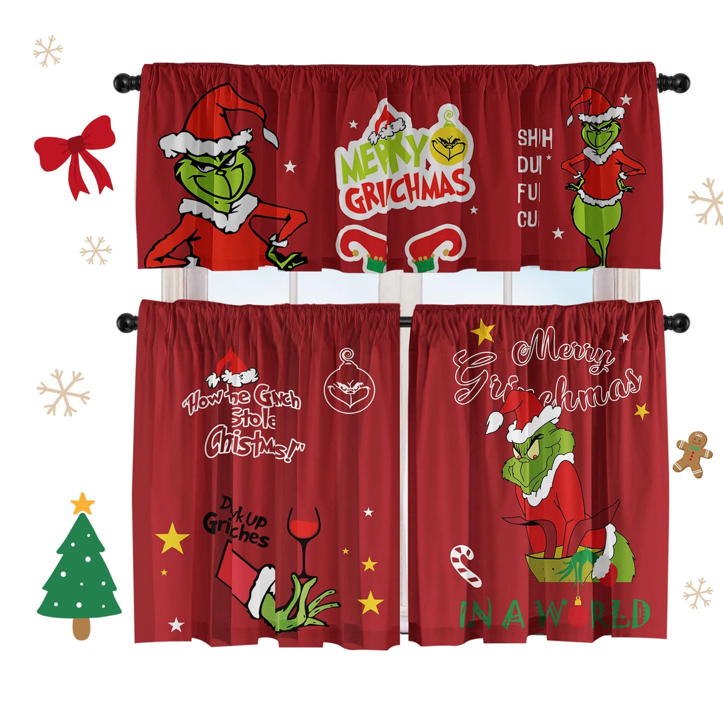 Cuteiush Christmas Kitchen Curtain Valances Winter Holiday Festive Small Window Decoration, Red and Green Farmhouse Xmas Design, 52x18inchx1, 26x36inchx2, 3 Panel, Rod Pocket