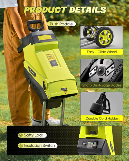 Saker Electric Wood Chipper Shredder 15-Amp Corded 1.8inch Cutting with Collection Bag Double-Sided Blade for Cutting Branches, Clippings, Yard Debris SK-TC110A