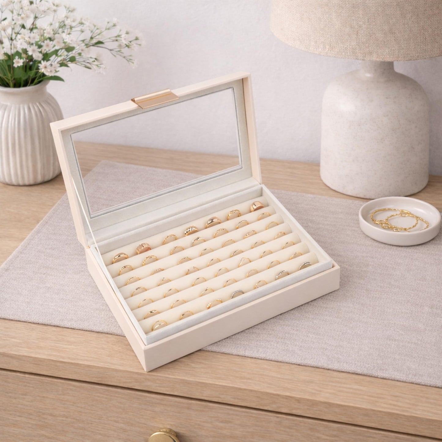 Ring and Earring Jewelry Display Box – Holds Up to 80 Rings, Faux Leather Jewelry Box with Velvet Interior and Clear Viewing Lid for Ring Organizer and Display
