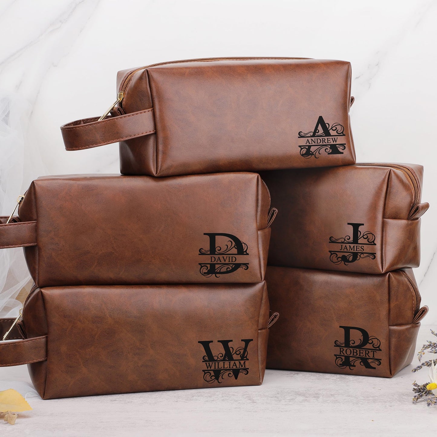 JSENGIFT Mens Toiletry Travel Bag Initial M, Personalized Leather Toiletry Bag for Men, Anniversary Christmas Valentines Fathers Day Birthday Gifts for Husband Dad Grandpa Brother