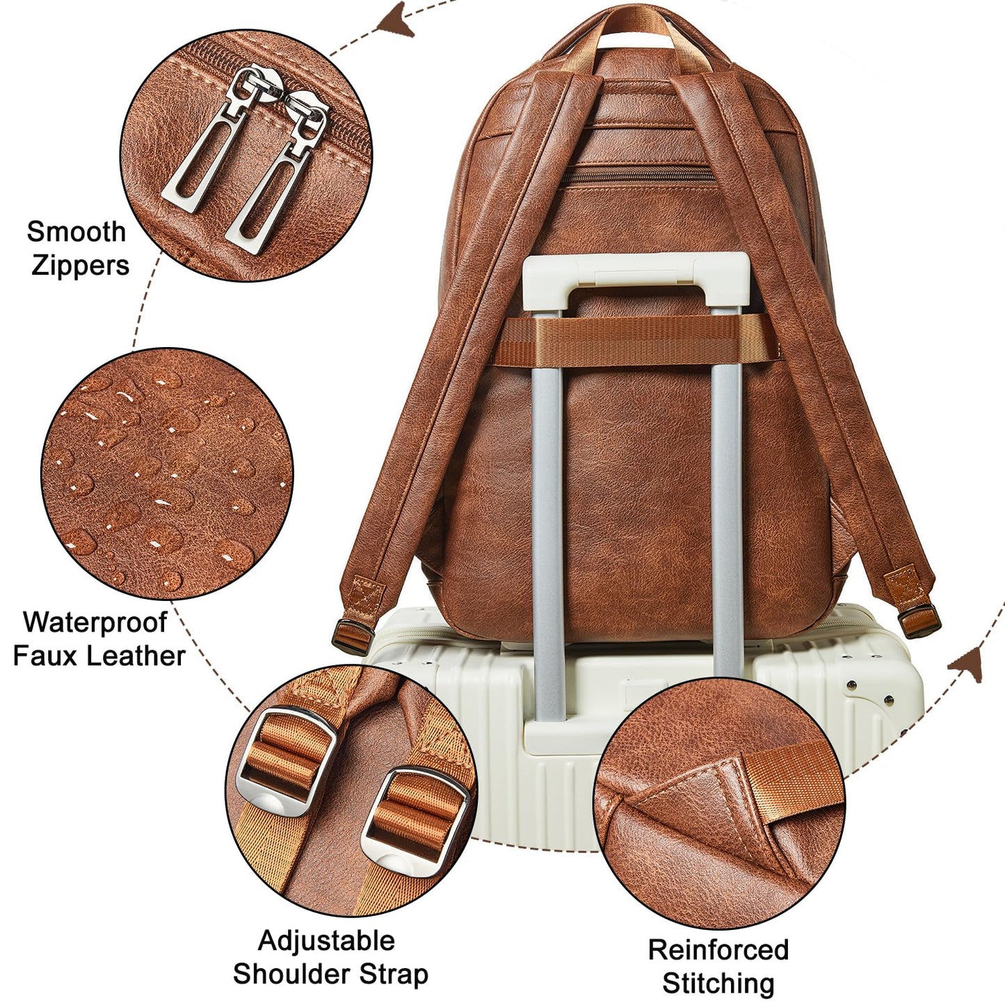 LATMAP 43L Backpack For Women Men Vegan Leather Backpack Purse Shoulder Bookbag 17 16 15.6 Inch Laptop Bag Handbags For Travel Work College Large Brown
