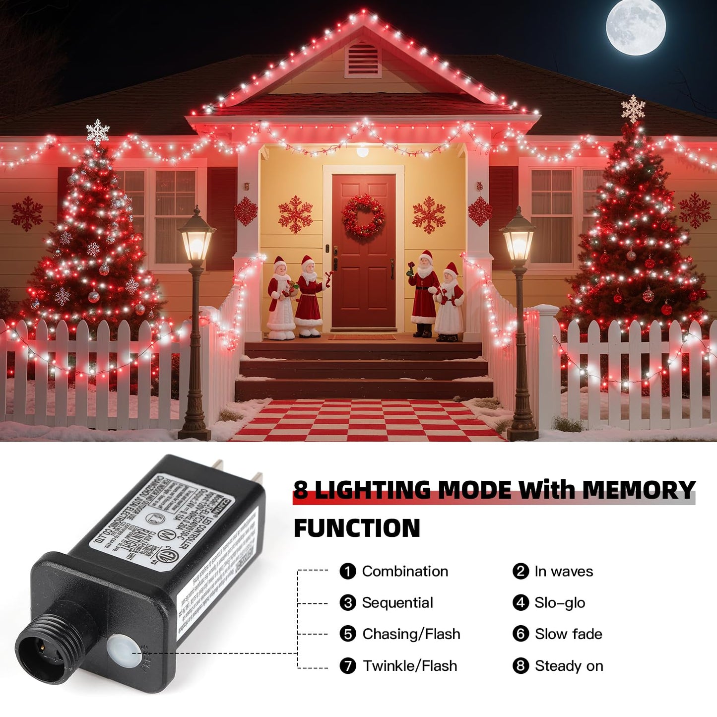 XTF2015 Christmas String Lights, 105ft 300 LED Christmas Lights 8 Modes Memory Function & Timer- UL Certified - Outdoor Indoor Christma s Fairy Lights for Tree, Garden, Party, Wedding(Red + White)