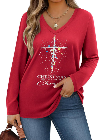 IN'VOLAND Womens Plus Size Long Sleeve Shirts V Neck Basic Tee Tops Loose Fit Fall Outfits for Women 1X-5X