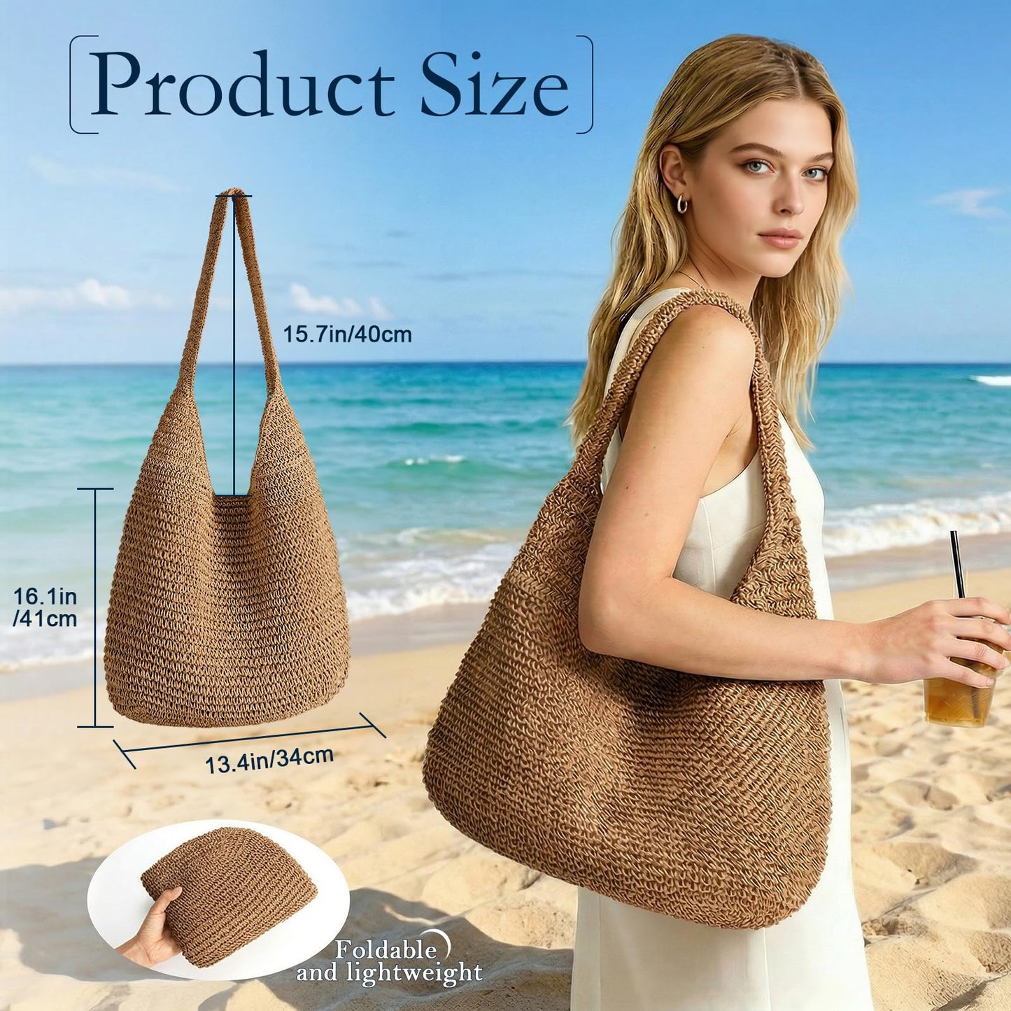 XquiziFit Beach Bags for Women Boho Straw Purse Summer Woven Shoulder Bag Handbag Crochet Mesh Tote Bag Vacation Purse Khaki