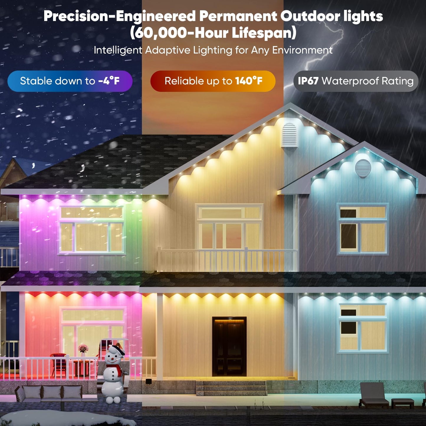 Smart Permanent Outdoor Lights for House, 100ft with 60 Smart AI RGB+IC Christmas House Lights, 98 Scene for Halloween Christmas All Holiday Decor, IP67 Waterproof Work with Alexa, Google Assistant