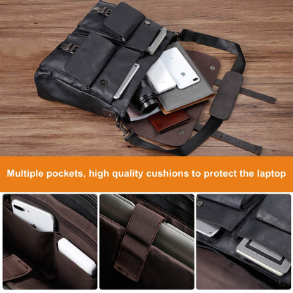 seyfocnia Men's Vintage Black 17.3 Inch Water Resistant PU Leather Laptop Bag, Messenger Bag, Satchel, Briefcase