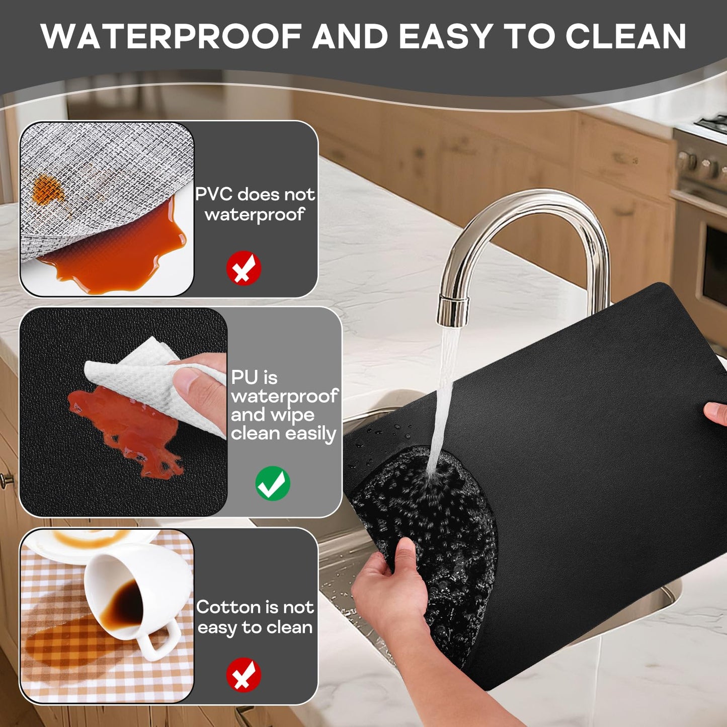 APLKER Vinyl Placemats Set of 6, Waterproof Faux Leather Heat Resistant Kitchen Place Mats, Wipeable Dining Table Place Mats and Coasters for Kitchen, Dining, Decor, Outdoor (Black)