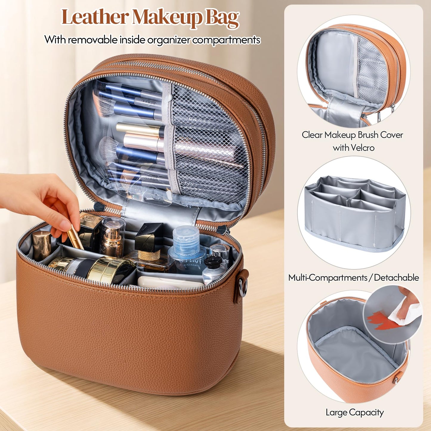 cysiyu Leather Makeup Bag Organizer Double Layer Vanity Bag Large Capacity with Compartments and Handle Travel Portable Storage Crossbody Cosmetic Jewelry Case for Women. Brown