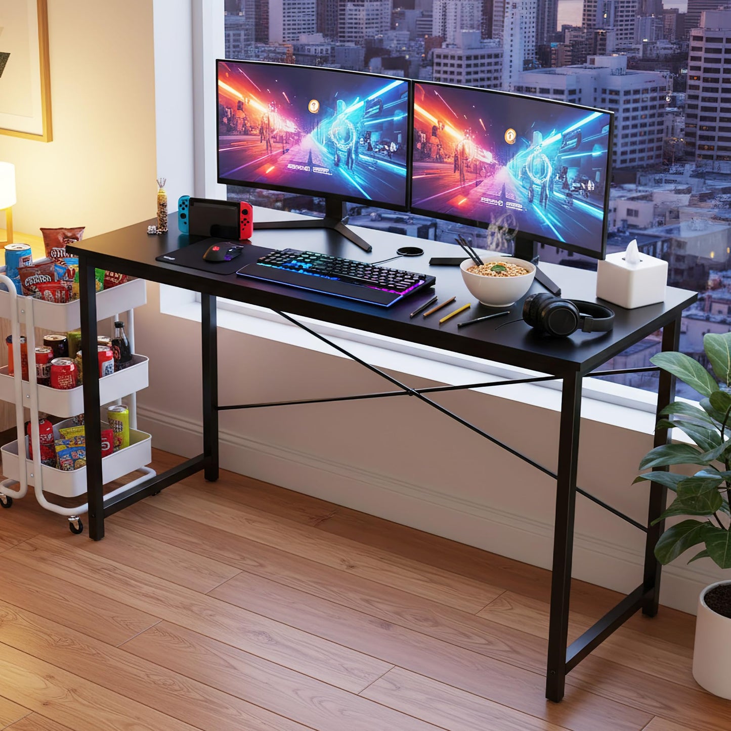 OLIXIS 55 Inch Computer Office Desk for Small Spaces, Writing Gaming Work Desk Modern Study Table with Storage Bag & Headphone Hook Home Bedroom, Black