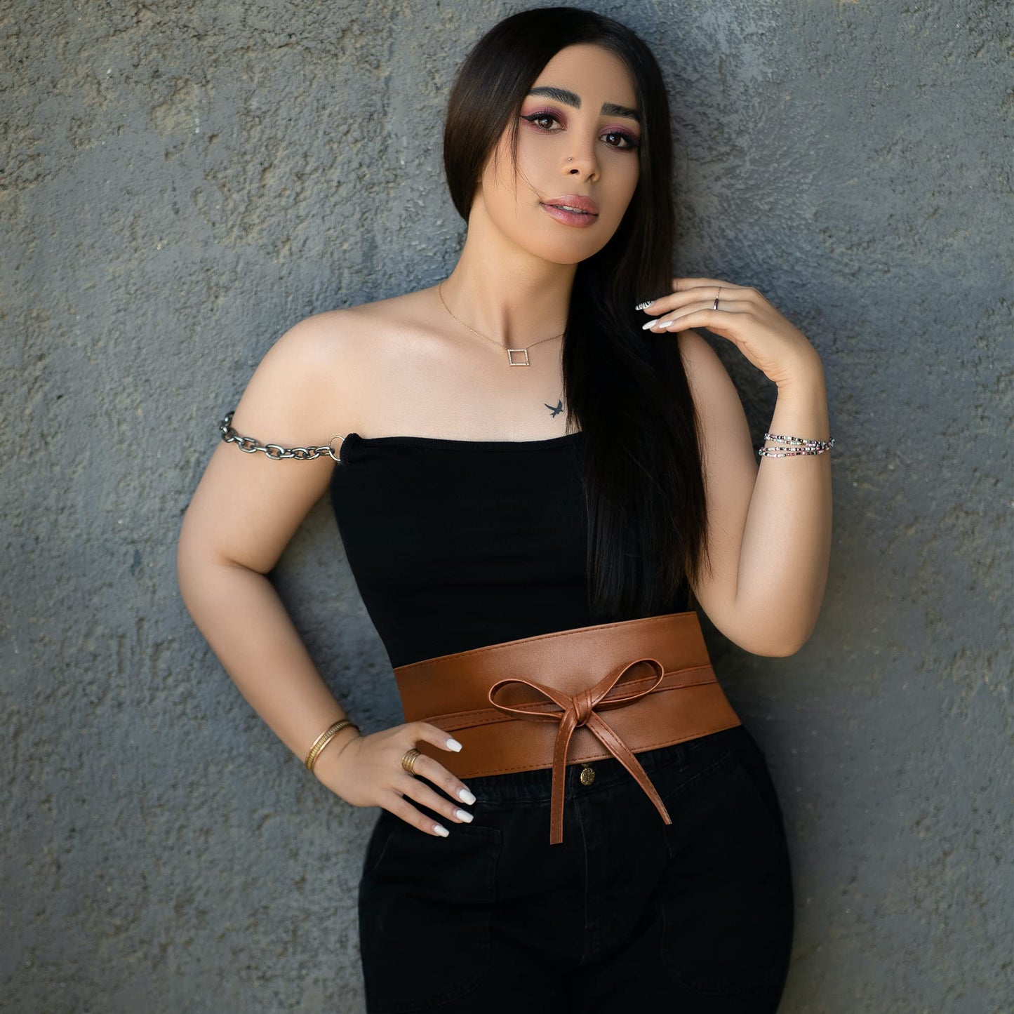 macoking 2 Pack Wide Obi Belts for Women Lace Up Wrap Thick Faux Leather Corset, Black&Brown, L
