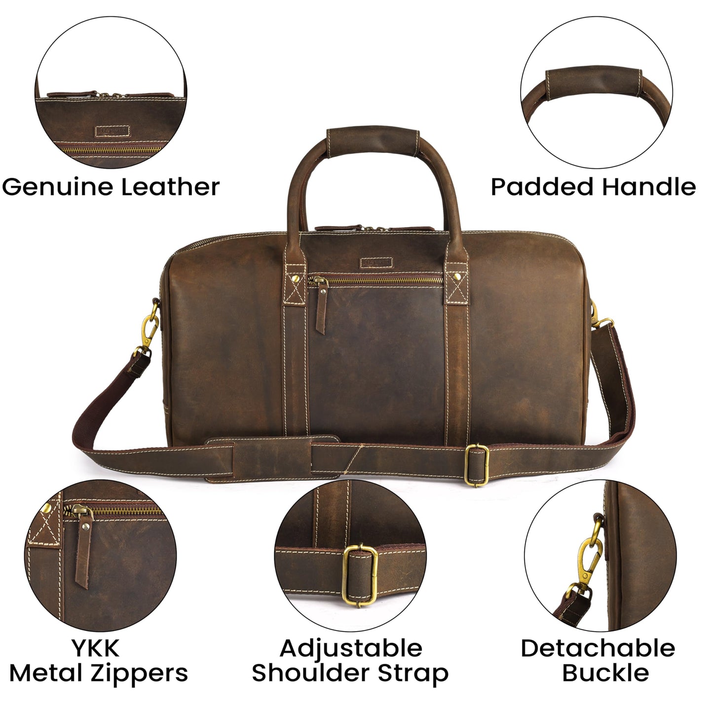 Rasavi Leather Duffel Bag for Men & Women – 24 Inch Travel Weekender, Carry-On, Overnight Travel, Sports & Gym Luggage Bag- Brown