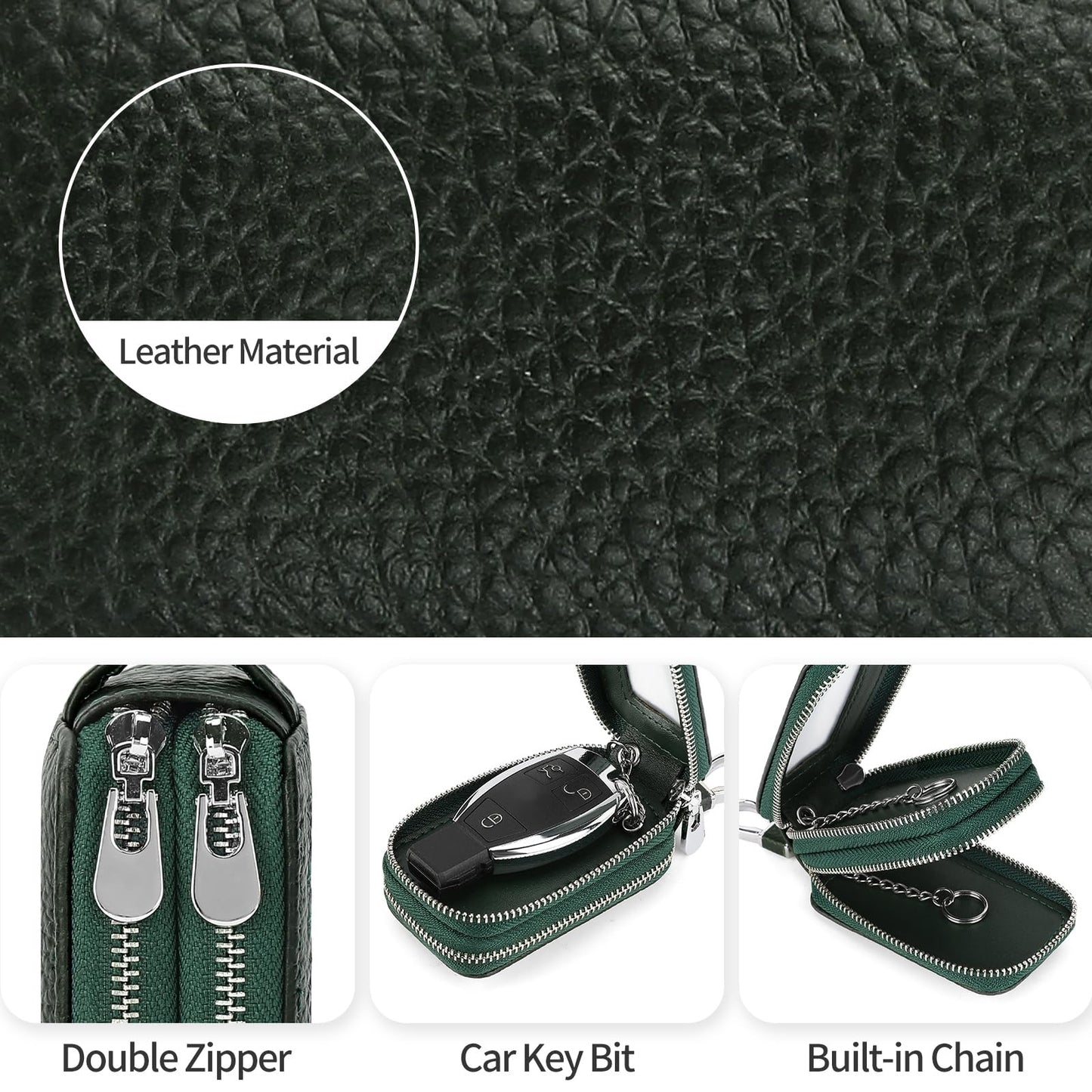 SENDEFN Car Key Fob Case Double Zipper Leather Smart Remote Keychain Protector Holder with Transparent Window
