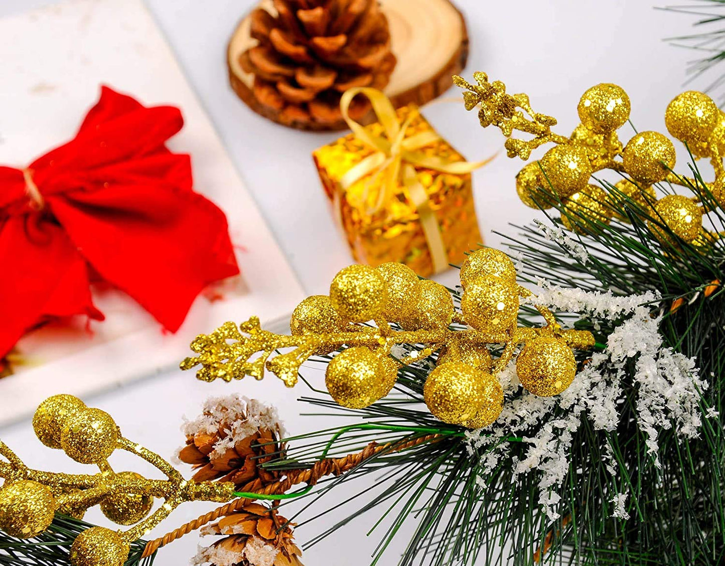 Kubert 15 Pack Christmas Glitter Berries Stems, 8 Inch Artificial Christmas Picks for Christmas Tree Ornaments, DIY Xmas Wreath, Crafts, Holiday and Home Decor (Gold)